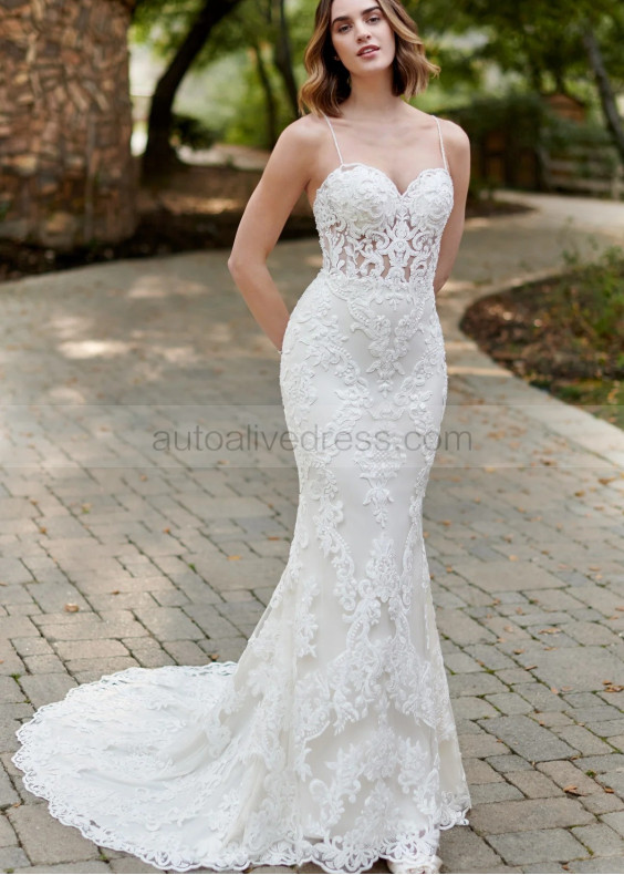 Beaded Thin Straps Ivory Lace Tulle Anniversary Wedding Dress